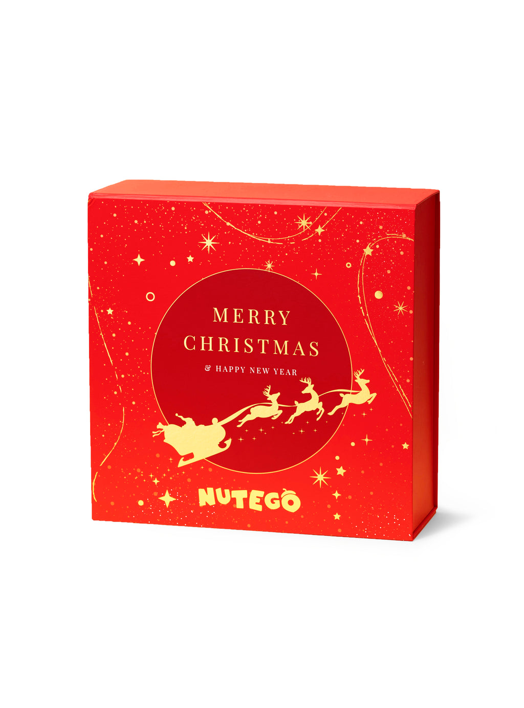 NUTEGO Adventes kalendārs 2026 sarkanā kārbā ar uzrakstu Merry Christmas, skats no priekšpuses