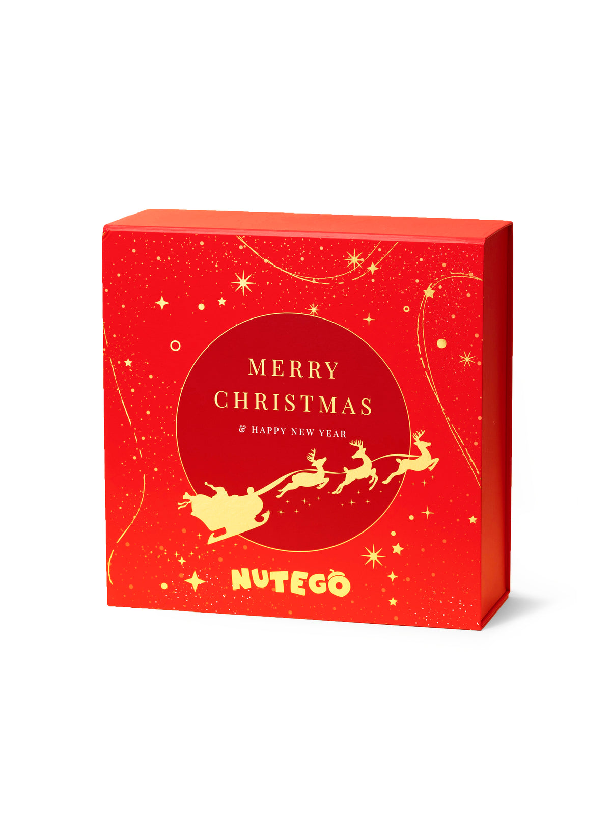 NUTEGO Adventes kalendārs 2026 sarkanā kārbā ar uzrakstu Merry Christmas, skats no priekšpuses